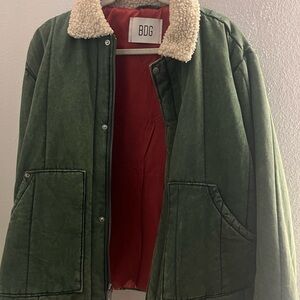 BDG Olive Jacket with Cream Sherpa and Red Lining